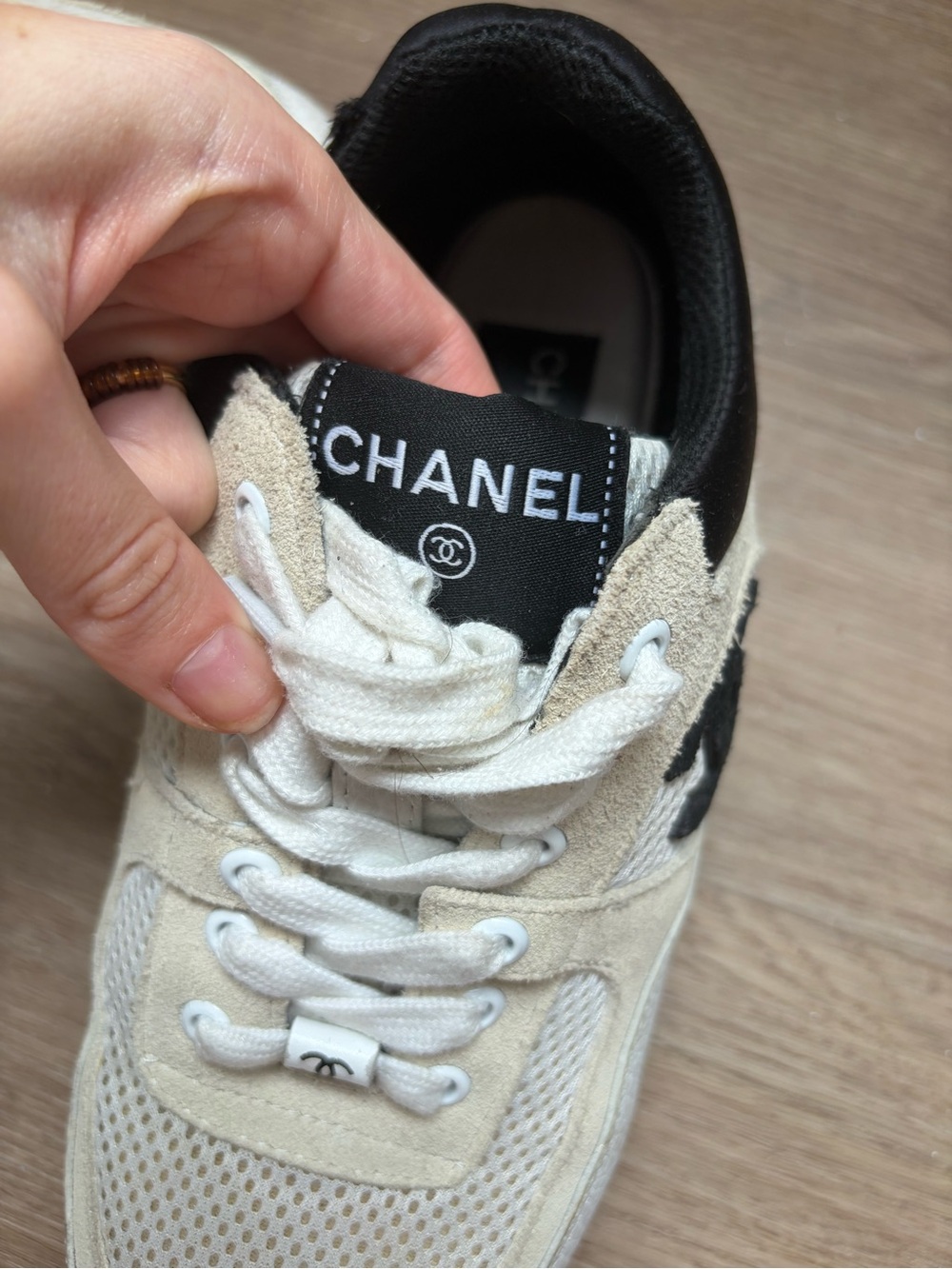 CHANEL Beige and Black CC Logo Sneakers - Picture 3 of 3